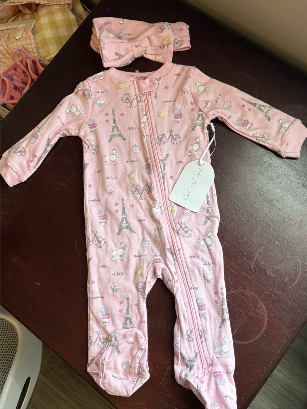 Paris Footies & Bow Headband Pink Baby Girl Pajamas Matching Set